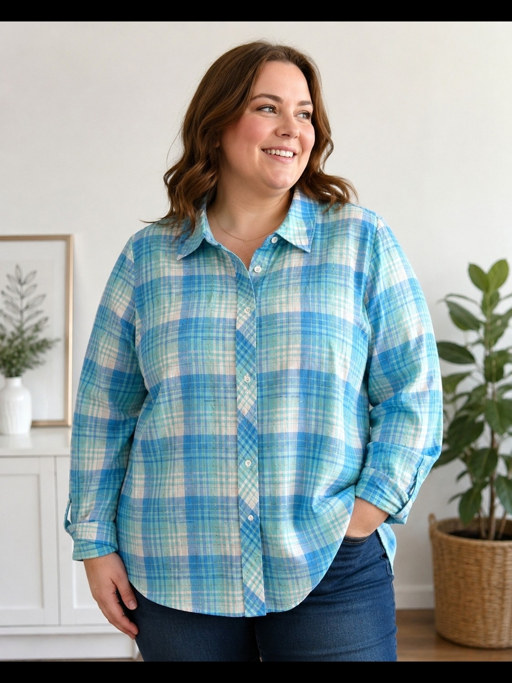 Talbots Plus Blue & Aqua Plaid Button-Down Shirt